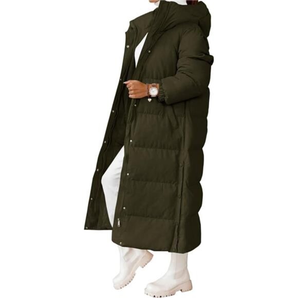 Women's Long Quilted Coat Winter Hooded Button Down Puffer Padded Jacket - Picture 3 of 5